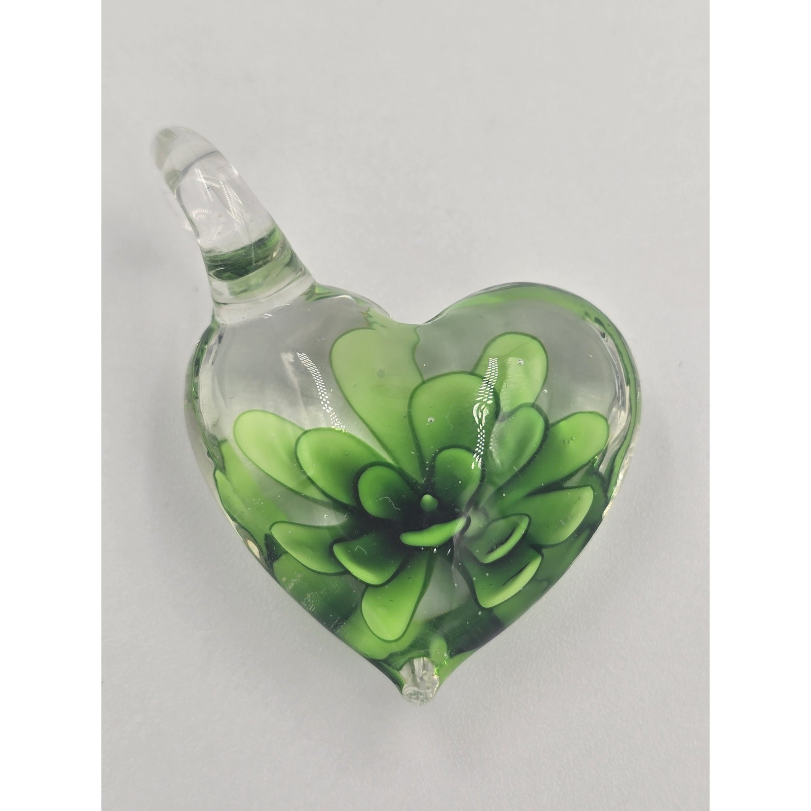 Heart Shaped Blown Glass Pendant Lamp Work Green Floral Design Charm Necklace 15$